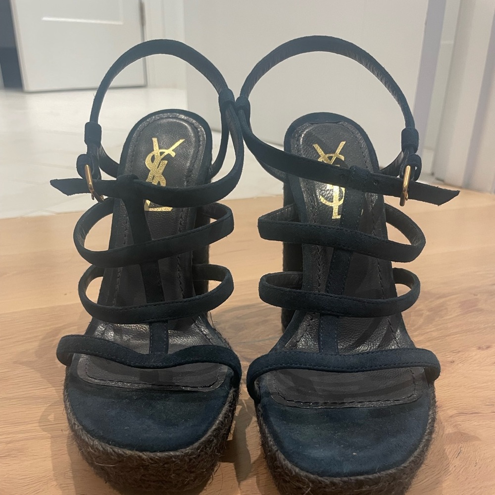 YSL navy blue wedge heels